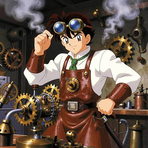 Anime-style drawing of a young boy in a brown leather apron, white shirt, green tie, adjusting goggles, surrounded by steam and gears in a