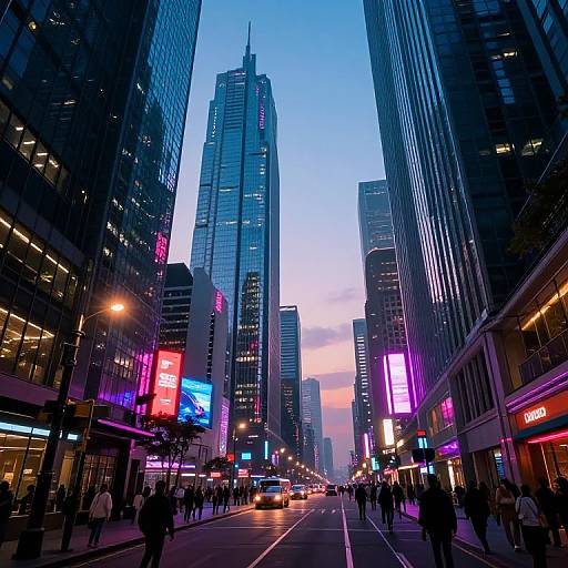 Photograph of a bustling urban street at dusk, flanked by tall, illuminated skyscrapers with colorful neon signs, crowded with pedestrians.