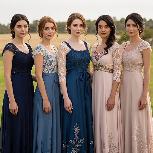 Photograph of five women in elegant, long-sleeve evening dresses with lace and floral embroidery, standing outdoors in a sunlit field.