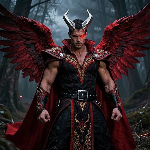 Photograph of a muscular, demonic warrior with red glowing eyes, black and red ornate armor, large red wings, and black horns, standing in