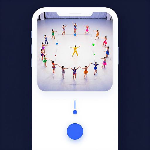 Digital illustration of a colorful group of children playing volleyball, viewed from above, inside a white gym with a dark border.