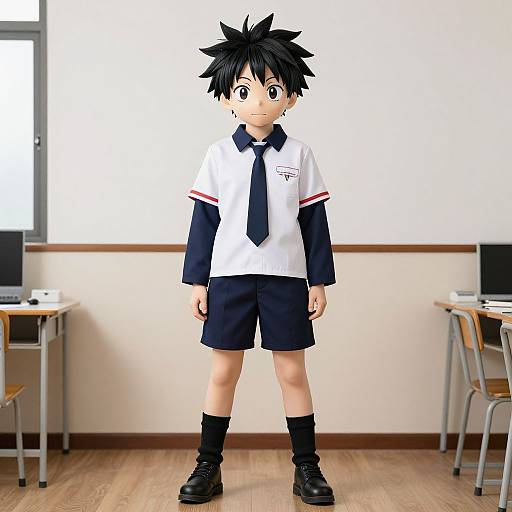 Anime-style digital illustration of a young boy with spiky black hair, wearing a white shirt, navy tie, and shorts, standing in a classroom.