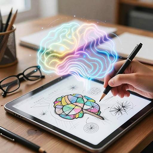 Photograph of a hand drawing a colorful, mosaic-style flower on a tablet with a glowing, rainbow penlight in a bright, wooden desk setting.