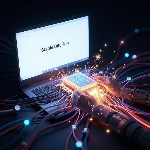 Photograph of a glowing laptop with sparking wires and cables, displaying the word 