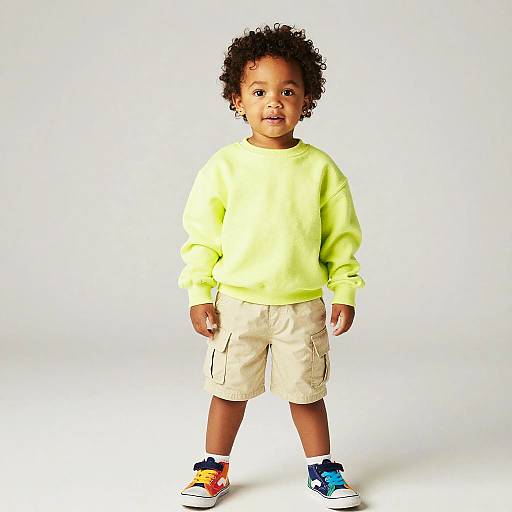 Smiling toddler in bright sweatshirt and cargo shorts