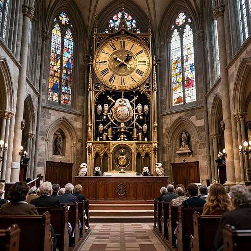 Photograph of a grand Gothic church interior, featuring a large, ornate clock centered above a wooden altar, surrounded by stained glass windows and seated worsh