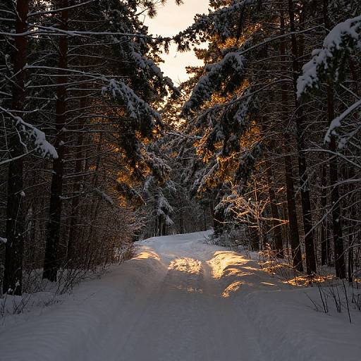Winter Sunset Path Through Snowy Pines