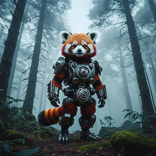 Red Panda Robot in Foggy Forest