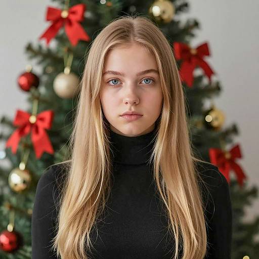 Young Woman with Blonde Hair and Christmas Tree