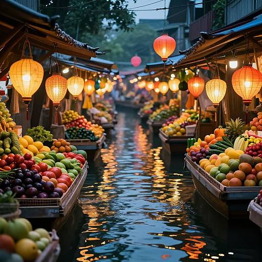Photograph of a vibrant, evening Asian market with a canal, colorful fruit stalls, glowing red lanterns, and water reflections.
