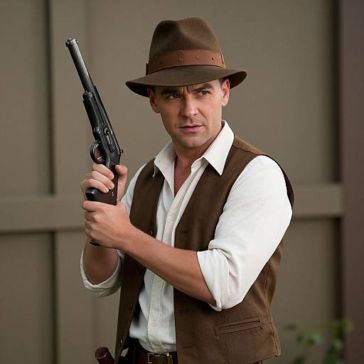 Photograph of a man in a brown fedora, white shirt, brown vest, holding a black revolver, standing against a gray building.