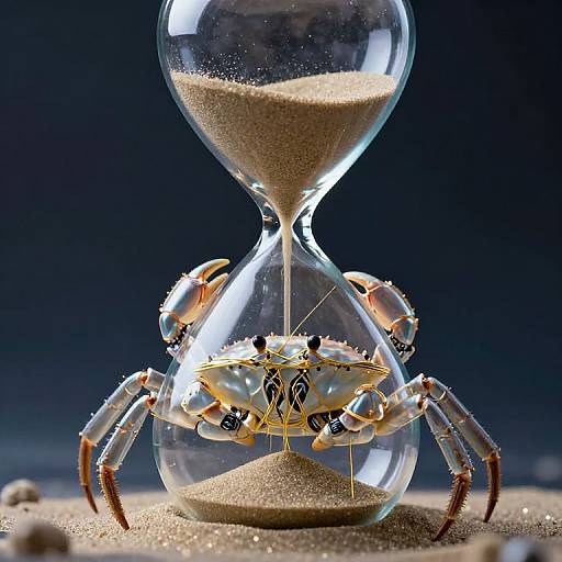 Photograph of a detailed, realistic glass hourglass with a crab emerging from its sand, claws visible, against a dark blue background.