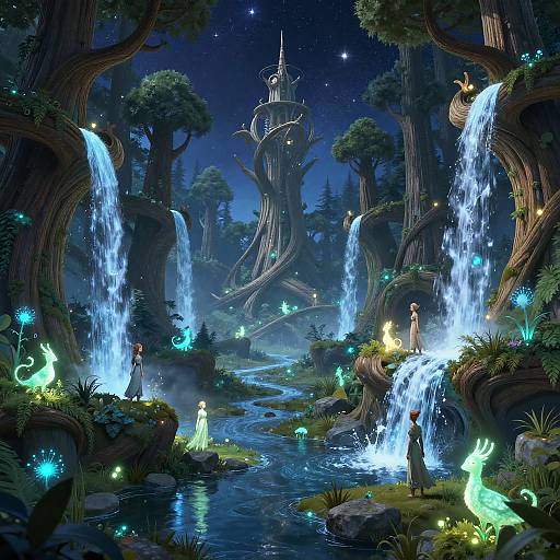 Digital fantasy artwork of a magical forest at night, featuring glowing fireflies, cascading waterfalls, a glowing tree castle, and two standing figures amidst