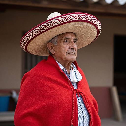 Photograph of an elderly Latino man with wrinkled skin, wearing a large red and white woven sombrero, red poncho, and checkered shirt