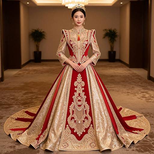 Elegant Red Bride in Gold Dress