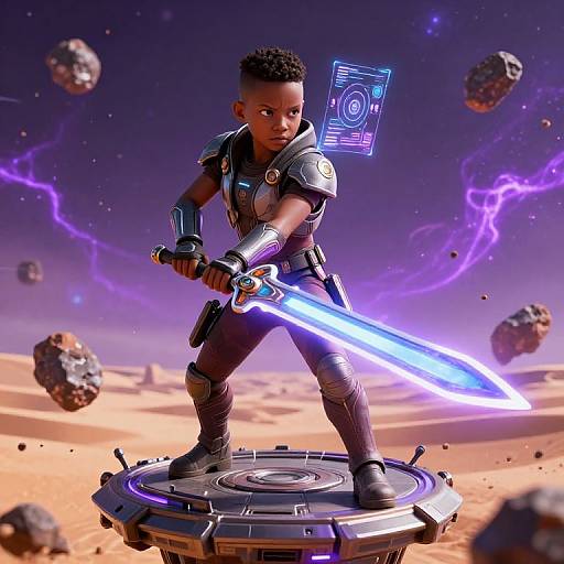 Digital artwork of a young Black male superhero with glowing blue sword, futuristic armor, floating hologram, standing on circular platform in desert with floating rocks and