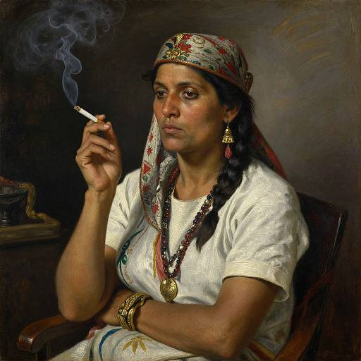 Photorealistic painting of a Middle Eastern woman with dark hair, wearing a floral headscarf, white dress, gold jewelry, and bracelets, smoking