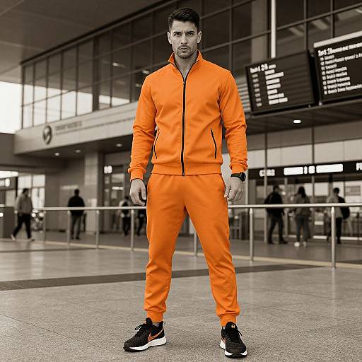 Photograph of a muscular man in bright orange zip-up tracksuit and black sneakers, standing confidently in a modern airport terminal.