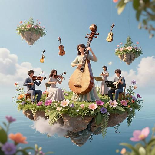 Digital artwork of five musicians on a floating flower island, playing various instruments, with hanging flower pots and clear blue sky.
