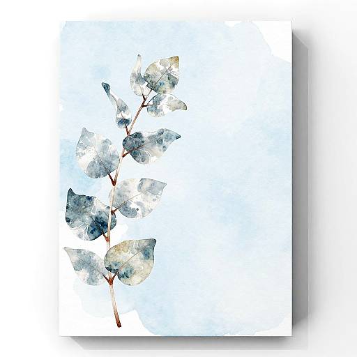 Watercolor painting of a delicate eucalyptus branch with blue and green leaves against a white background, showcasing soft, textured brushstrokes.