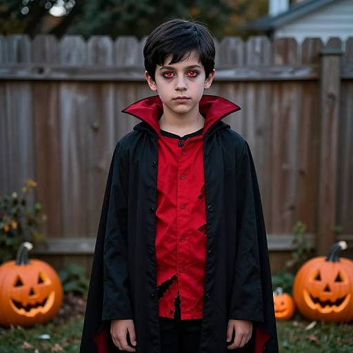 Photograph of a young boy with black hair and red eyes, dressed as a vampire in a red shirt and black cape, standing in front of a