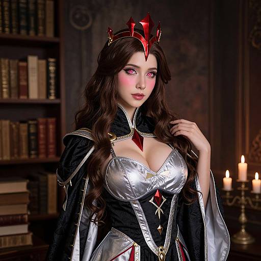 Digital illustration of a fair-skinned, pink-eyed queen with long brown hair, wearing a black and silver gown with a red crown, in a dim