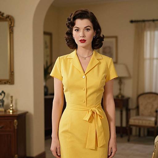 Photograph of a vintage-style woman with dark, wavy hair, wearing a bright yellow, short-sleeved, button-up dress with a tied