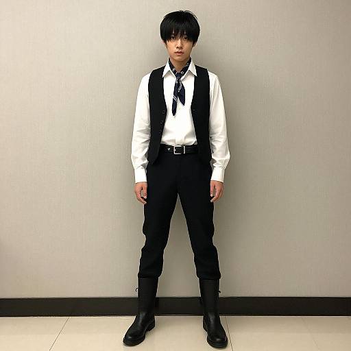 Photograph of an Asian man with black hair, standing against a plain white wall, wearing a white shirt, black vest, tie, and pants,