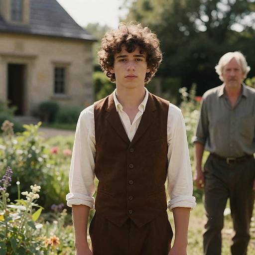Young Man in Rustic Garden with Older Man