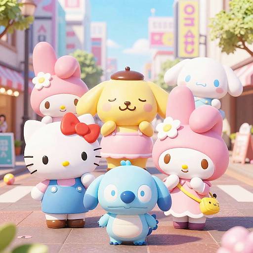 CGI image of colorful, cute Hello Kitty and friends in pastel outfits standing on a sunny, bustling street with Japanese signs.