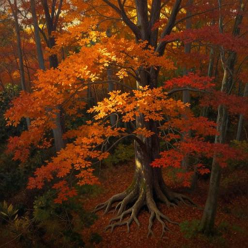 Photograph of a vibrant autumn tree with fiery orange and red leaves, rooted in a forest of dark, textured trunks and scattered fallen leaves.
