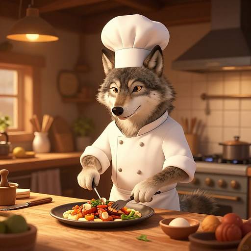 Digital art of an anthropomorphic wolf in a chef's hat and white coat, cooking colorful vegetables in a warm, rustic kitchen.