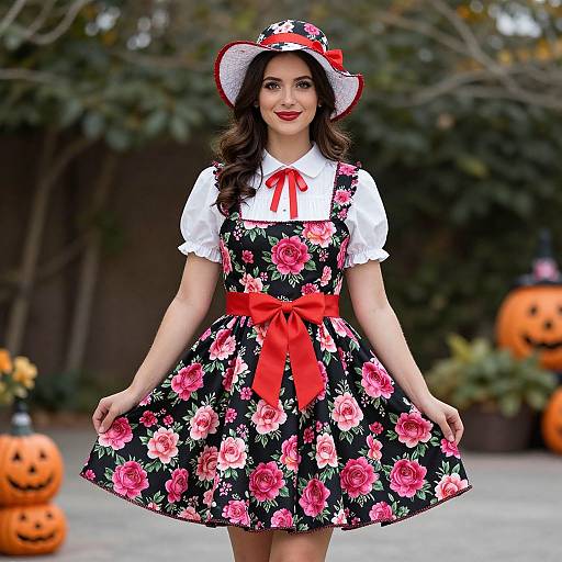 Photograph of a young woman with fair skin, wearing a floral black dress, white blouse, red bow, and hat, standing in a garden with