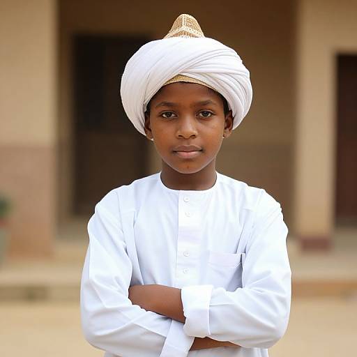 Photograph of a young African boy with dark skin, wearing a white long-sleeve shirt and white turban, standing with arms crossed, in