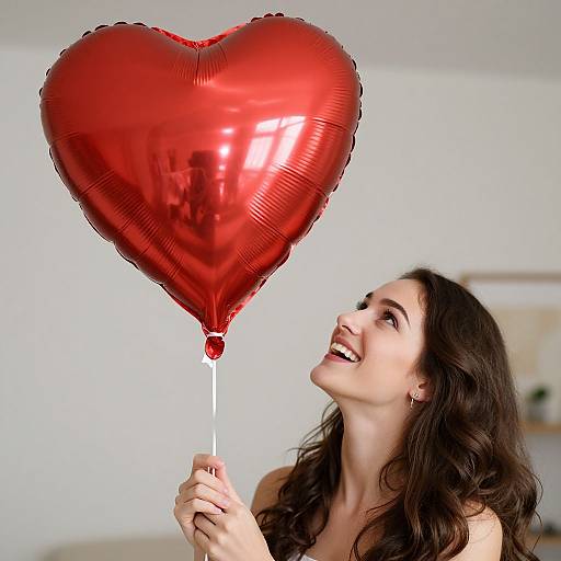 Joyful Woman with Red Heart Balloon