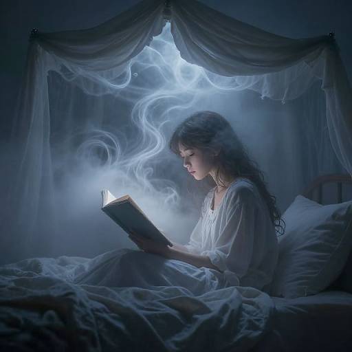 Photograph-style digital art: A young woman with long, wavy brown hair reads a glowing book under a moonlit canopy, surrounded by ethereal