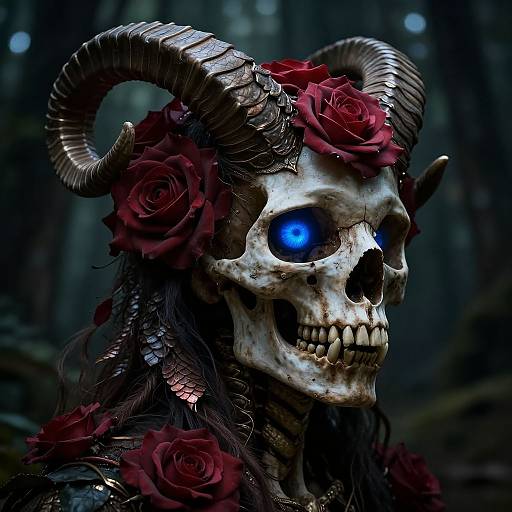 Digital artwork of a skeletal creature with glowing blue eyes, curled horns, and red roses in a dark, forested background.