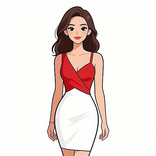 Digital illustration of a smiling Asian woman with long brown hair, wearing a red V-neck top and white pencil skirt.