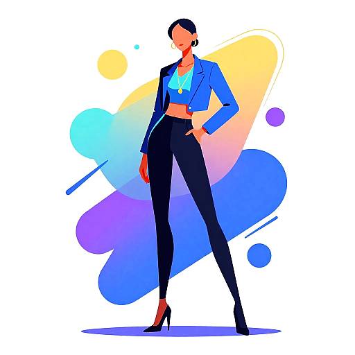 Digital illustration of a confident woman in a blue cropped jacket, black pants, and high heels, standing with one hand on hip, against a colorful abstract