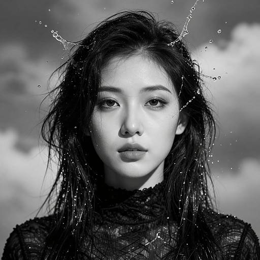 Black-and-white photograph of an Asian woman with wet, disheveled hair and water droplets on her face, wearing a sheer black top, against