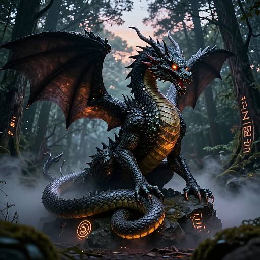 Digital artwork of a fierce black dragon with glowing orange eyes and scales, sitting on a mossy rock in a misty forest, illuminated by orange runes
