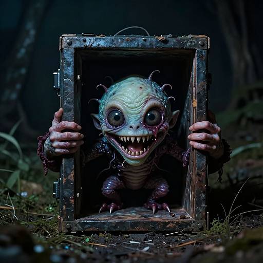 Digital CGI of a grotesque, green-skinned creature with large eyes, sharp teeth, and antennae, emerging from a rusted metal frame in