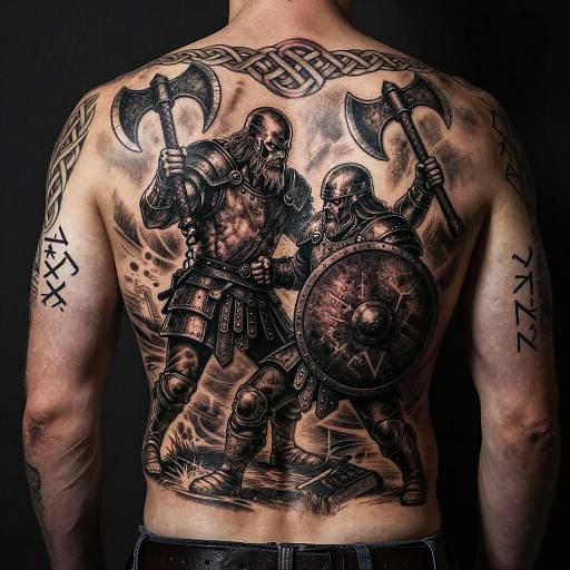 Tattooed shirtless man with detailed Viking warrior back tattoo, holding axe and shield, surrounded by runes, in black and grey. Photograph.