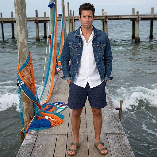 Photograph of a muscular, tan-skinned man with short dark hair, wearing a denim jacket, white shirt, navy shorts, and sandals, standing