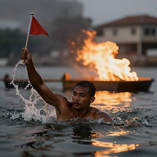 Dark-Water Swimmer Amid Fiery Ruins