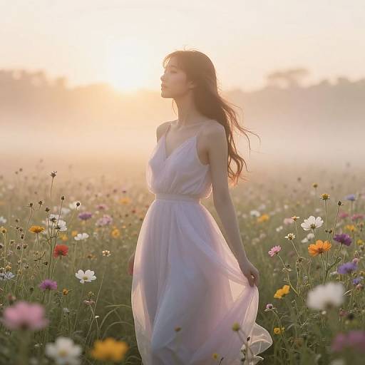 Photograph of a slender woman with long brown hair, wearing a flowing white dress, standing in a sunlit meadow filled with colorful wildflowers at