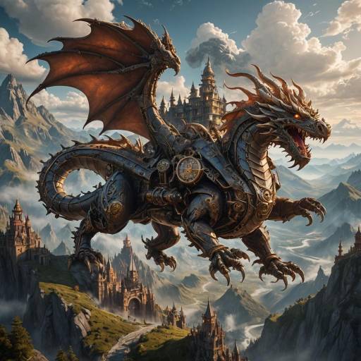 Steampunk Dragon in Fantasy Landscape Steampunk Dragon in Fantasy Landscape