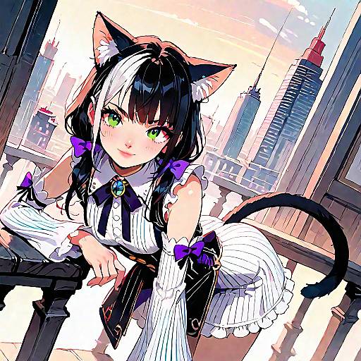 Digital anime-style artwork of a cat-eared girl with black and white hair, green eyes, purple bows, and a frilled dress, leaning forward