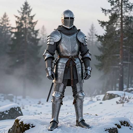 Photograph of a medieval knight in silver armor standing in a snowy forest, with tall pine trees and mist in the background.
