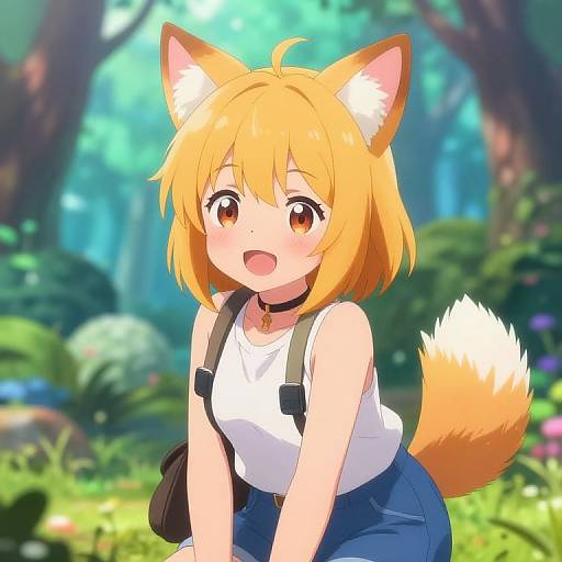 Anime-style digital illustration of a cute, blonde, fox-eared girl with orange eyes, white tank top, blue jeans, and backpack, in a
